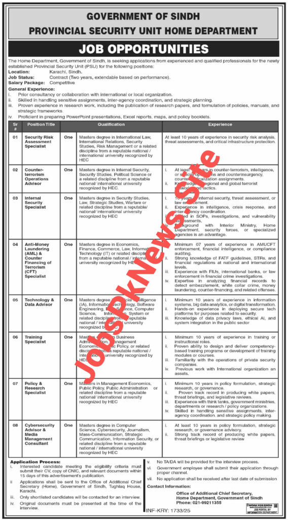 Home Department Sindh Jobs June 2025