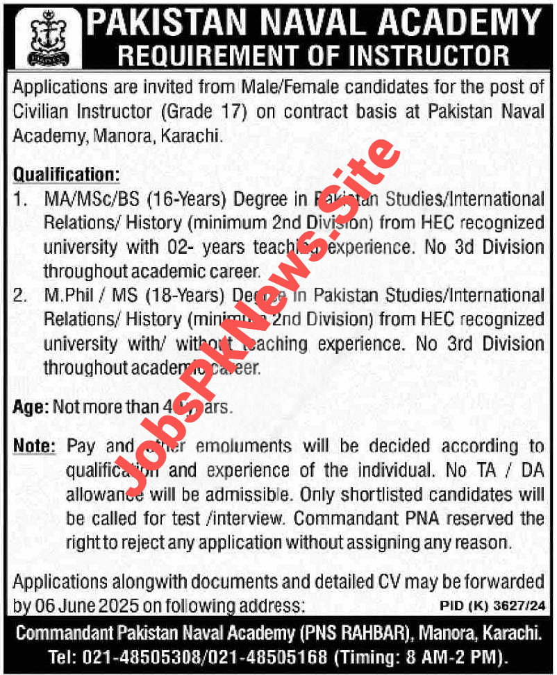 Pakistan Navy Civilian Instructor Jobs June 2025
