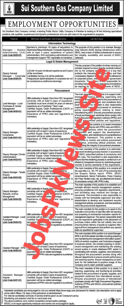 Sui Southern Gas Company Jobs 2025 Official Advertisement: